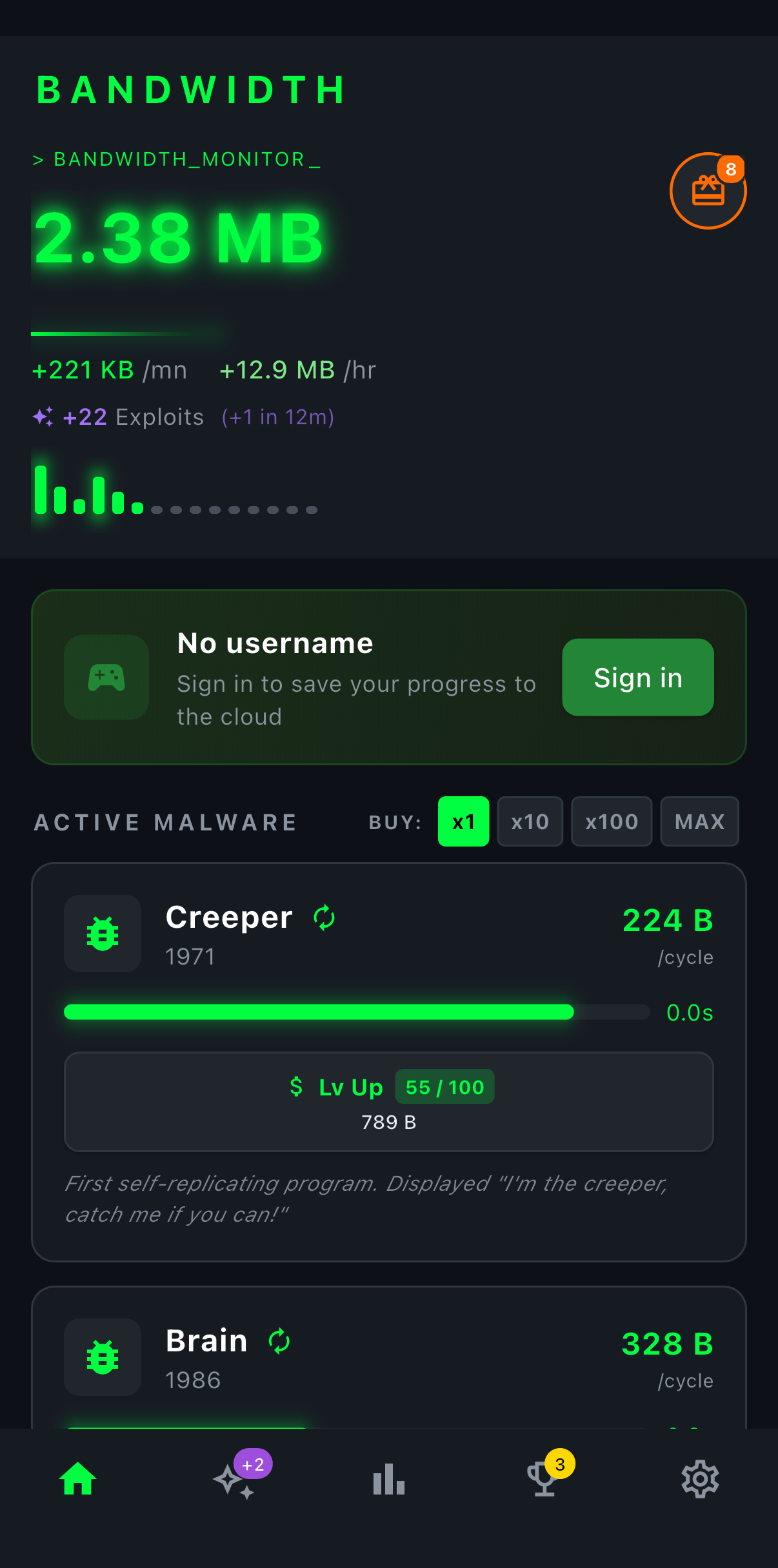 Bandwidth Idle home screen
